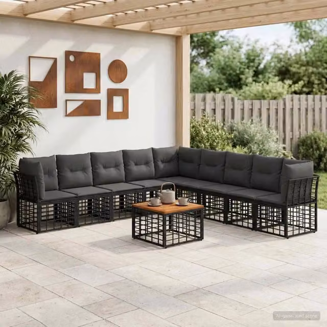 Set di divani da esterno 10 pz Nero e Grigio scuro Poliestere 3437489