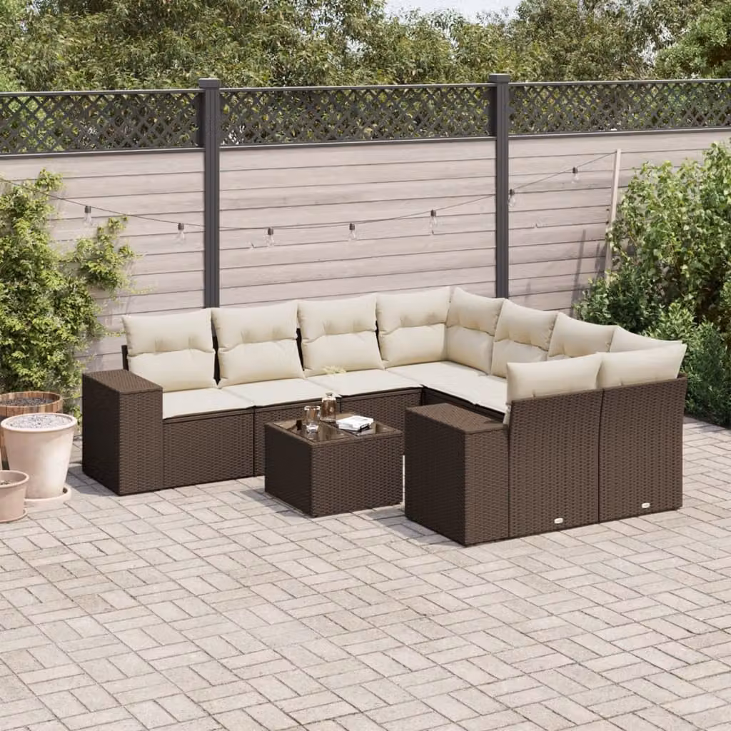 vidaXL Set Divani da Giardino 9 Pezzi in Polyrattan Marrone con Cuscini e Tavolino da Esterno – 1