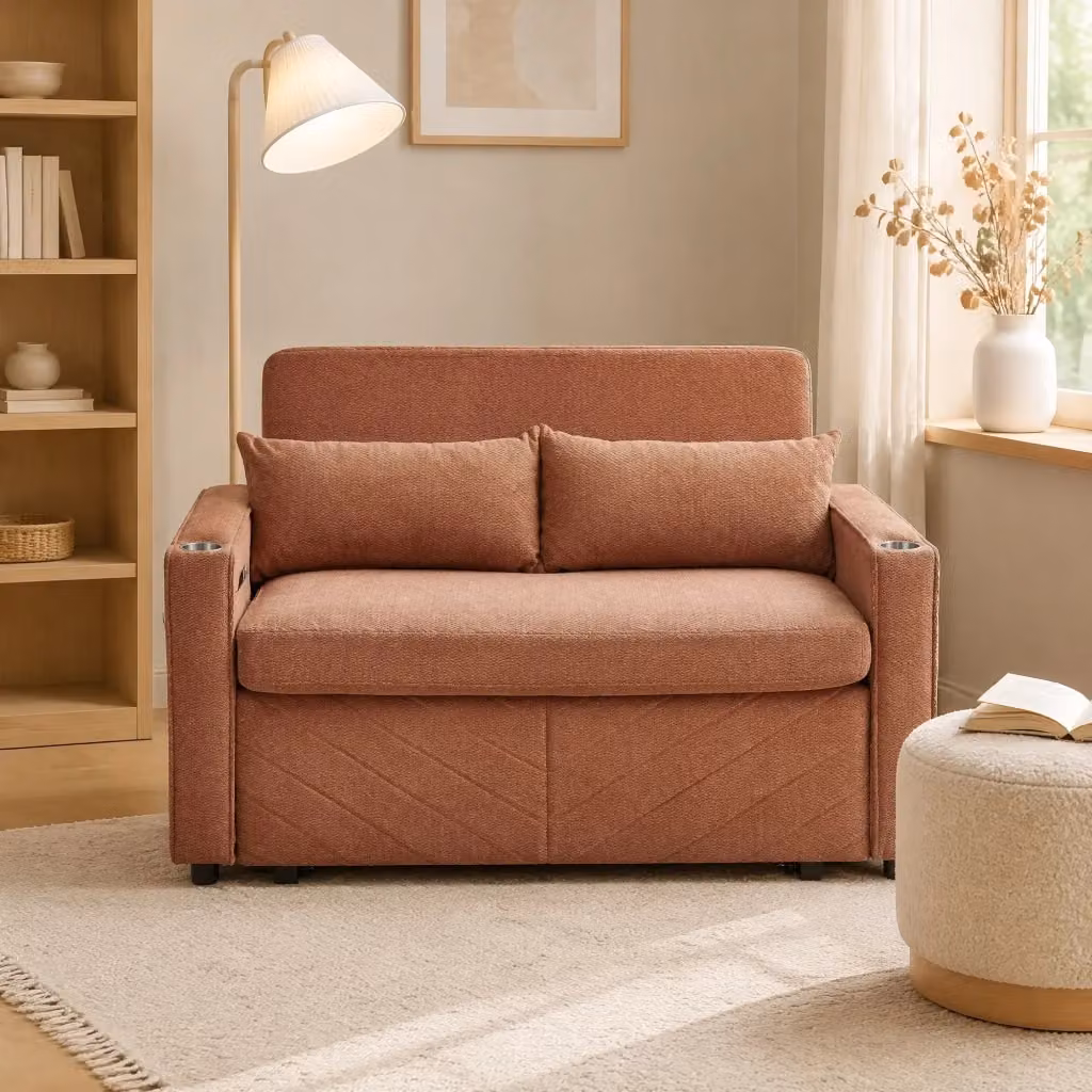 Divano letto Mivray moderno in tessuto arancione con struttura in legno massiccio, funzione letto a scorrimento e porte USB per il tuo soggiorno o ufficio in casa – 2