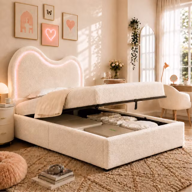 Letto singolo per bambini 90x200 cm con contenitore idraulico; LED APP; bouclé bianco