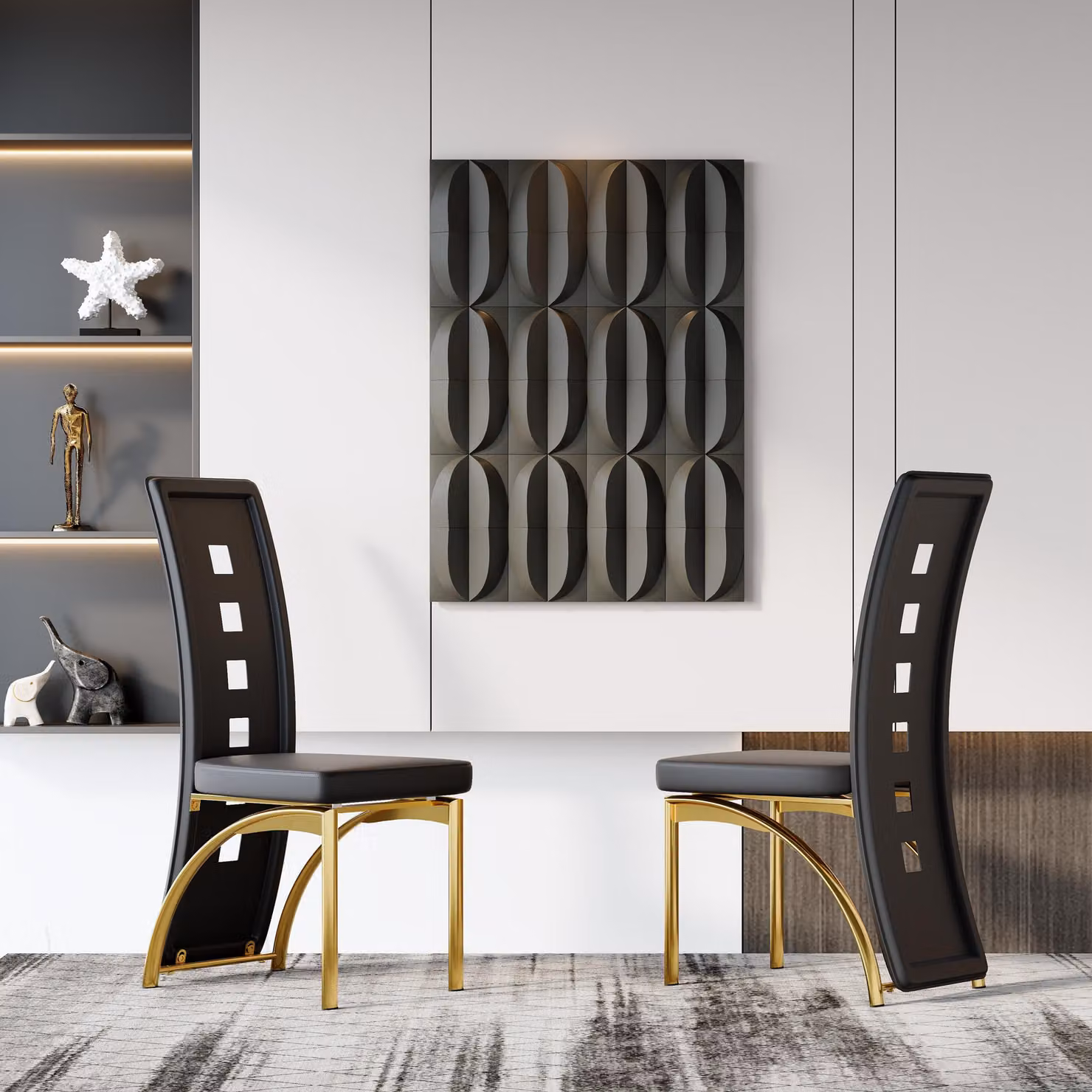 Set di 2 sedie da pranzo, motivo a fori, ecopelle, gambe in metallo, 102,5 cm, design moderno (nero e oro)