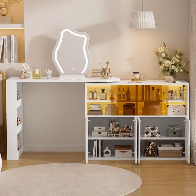 Scrivania Tocador con LED ¨C Minimal ¨C Bianca, 177x40x131.5 cm, Multistrato, Ampio Spazio Archiviazione