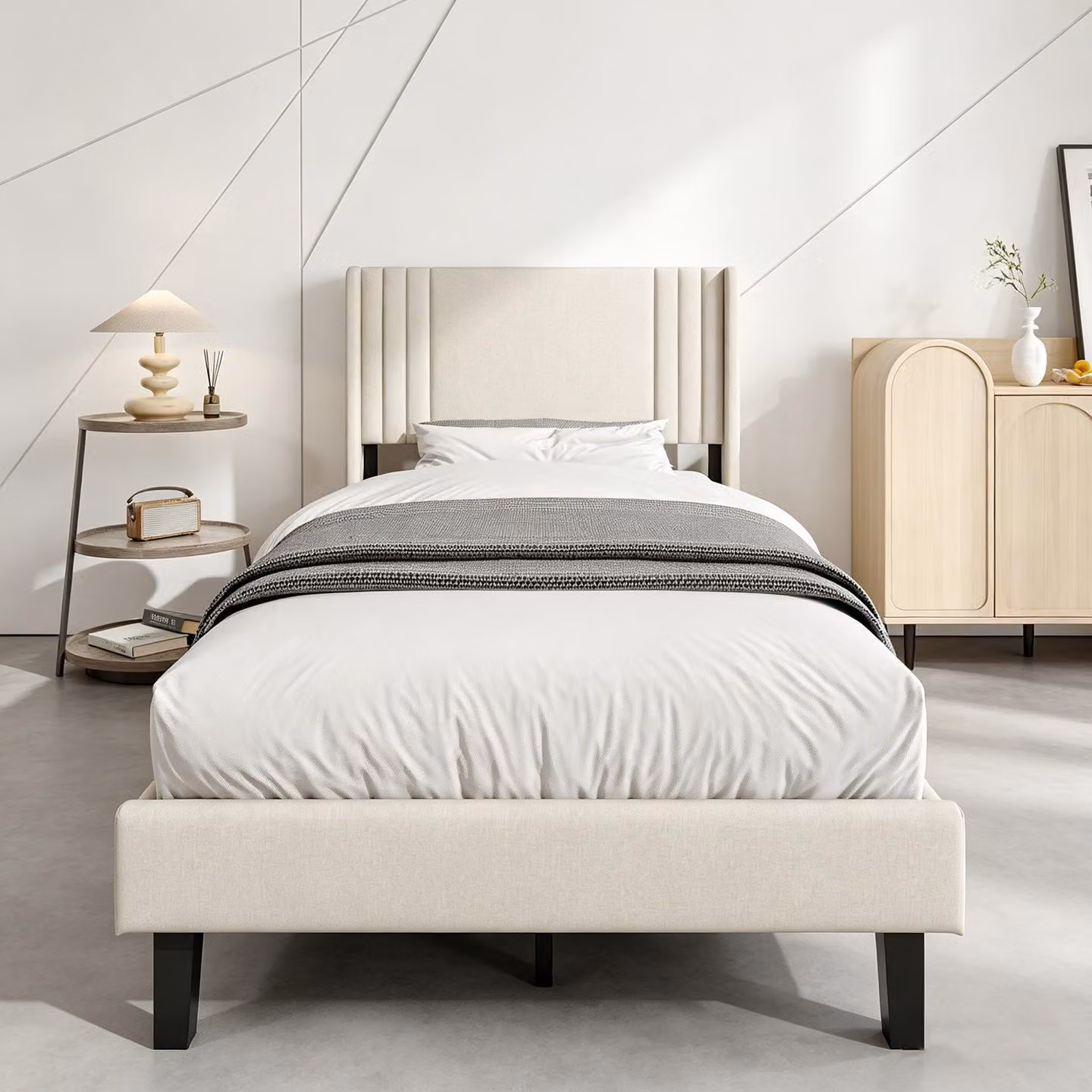 Letto imbottito con boxspring INONEFT, 90x200 cm, letto singolo con rete a doghe – Struttura del letto stabile in legno e metallo, letto per giovani con testiera, color beige, tessuto in lino