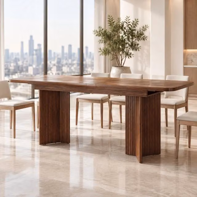Tavolo da pranzo allungabile 120-160x80 cm in MDF marrone con gambe a V scanalate