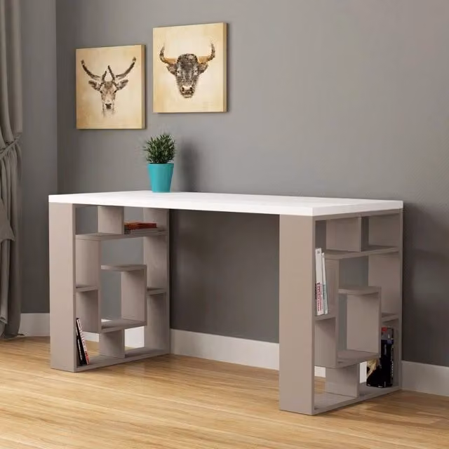 Scrivania Labirent 140 colore tortora e bianco con piano in MDF opaco