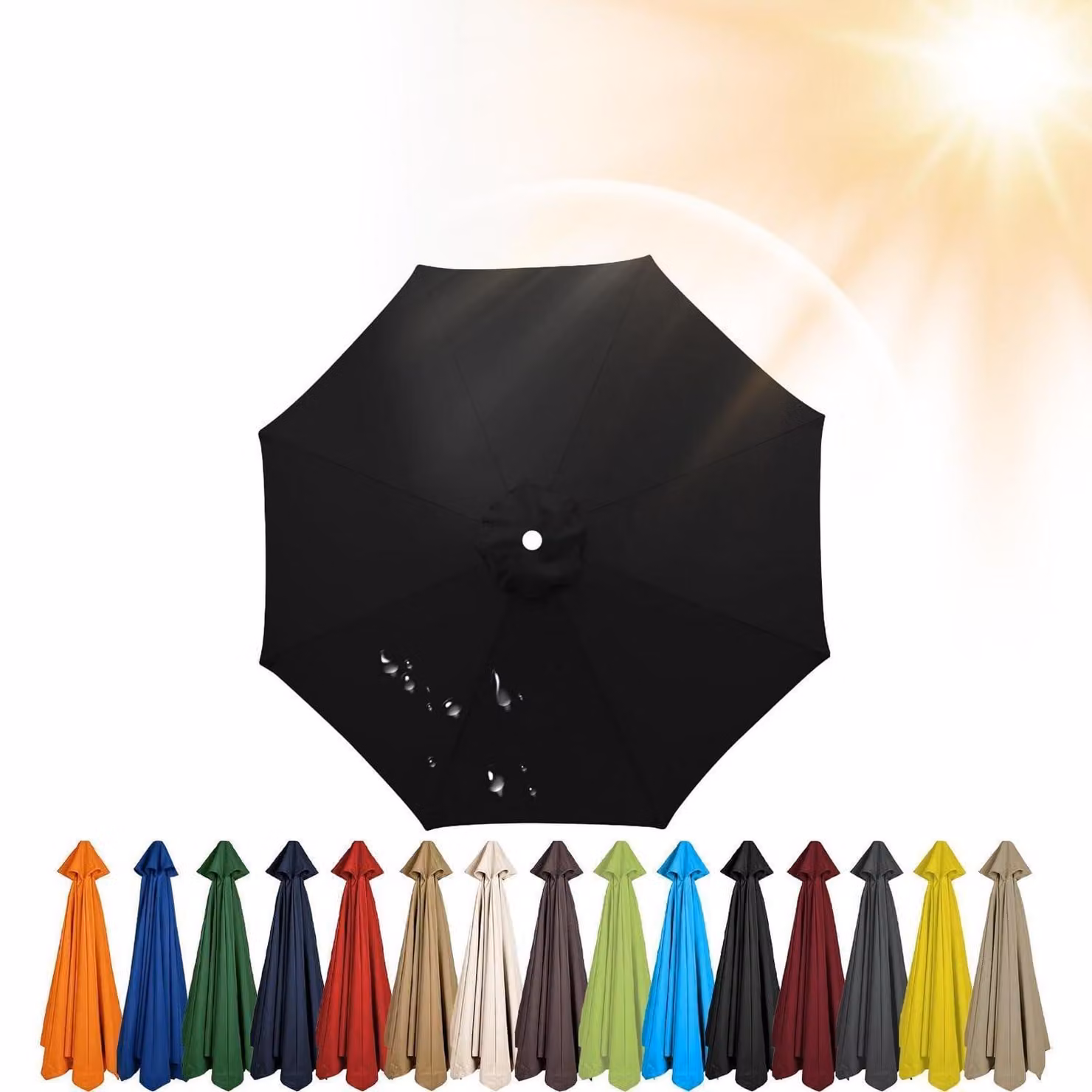 Copertura di ricambio per ombrellone, diametro 250 cm, colore nero, 6 stecche, protezione UV, resistente al vento, in poliestere