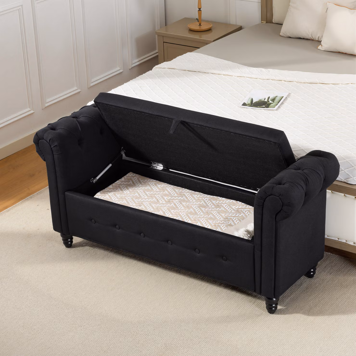 Panca contenitore 2 in 1 Aosom in tessuto effetto lino con piedi in legno, Nero, L: 146.5 cm, P: 49 cm, H: 72 cm – 2