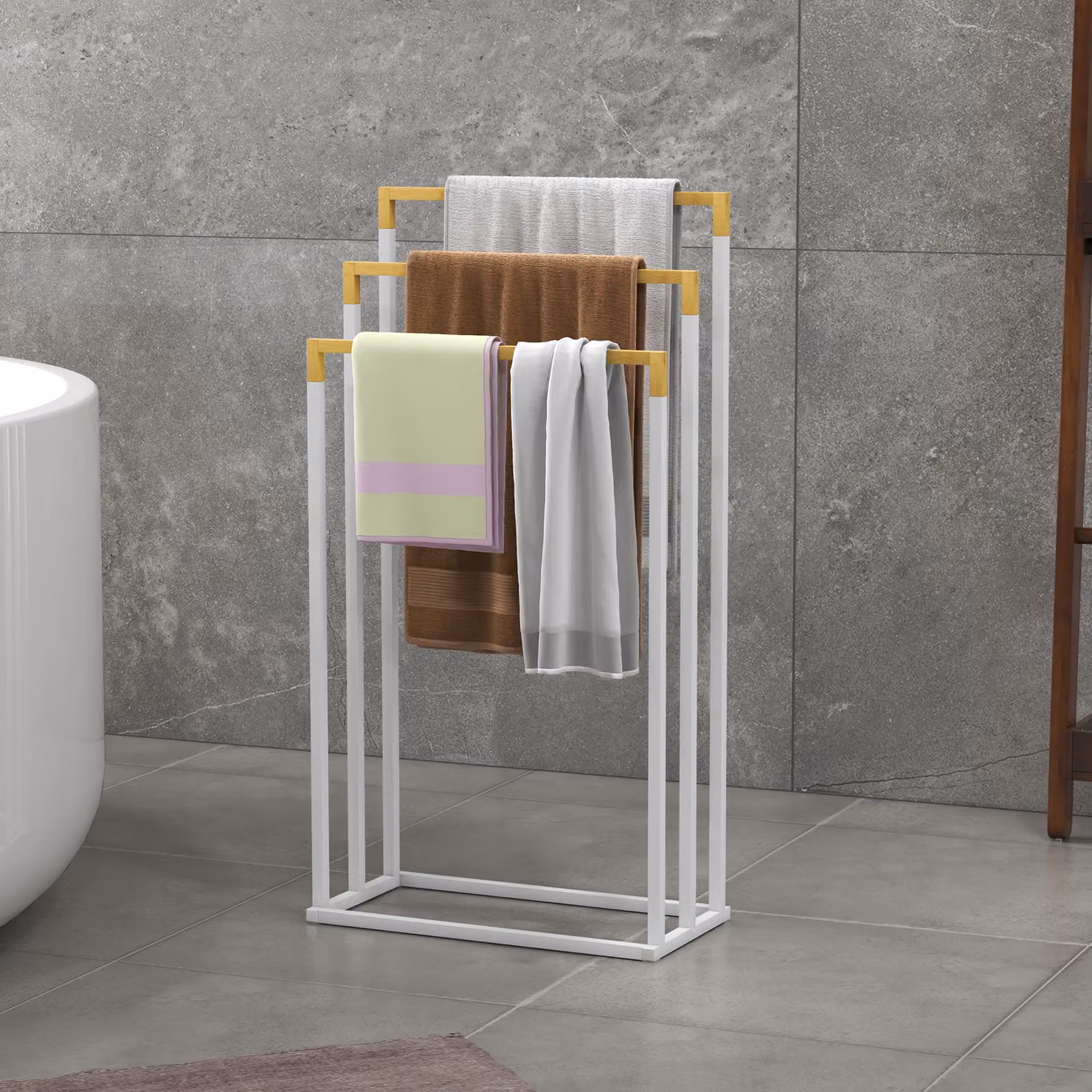 Portasciugamani autoportante a 3 sbarre kleankin in bambù e metallo, Bianco e Legno, L 45 x P 22,5 x H 86 cm – 2