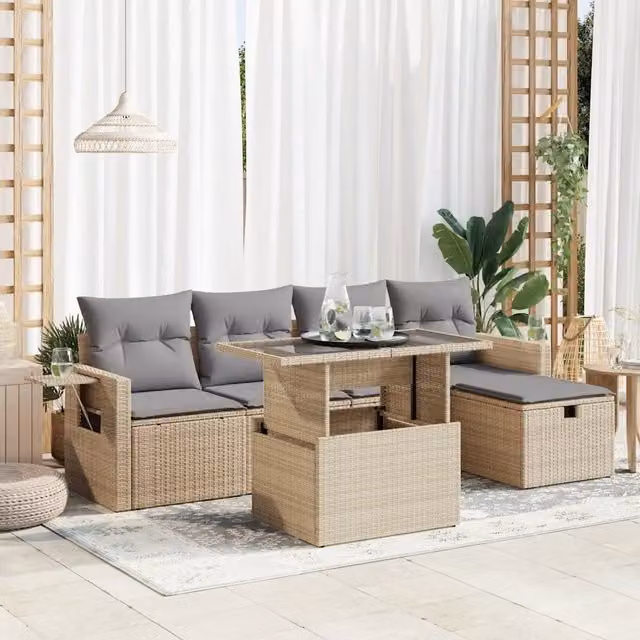 Set Divano da Giardino 6 pz vidaXL in Polyrattan con Cuscini Beige e Tavolino per Terrazza e Giardino