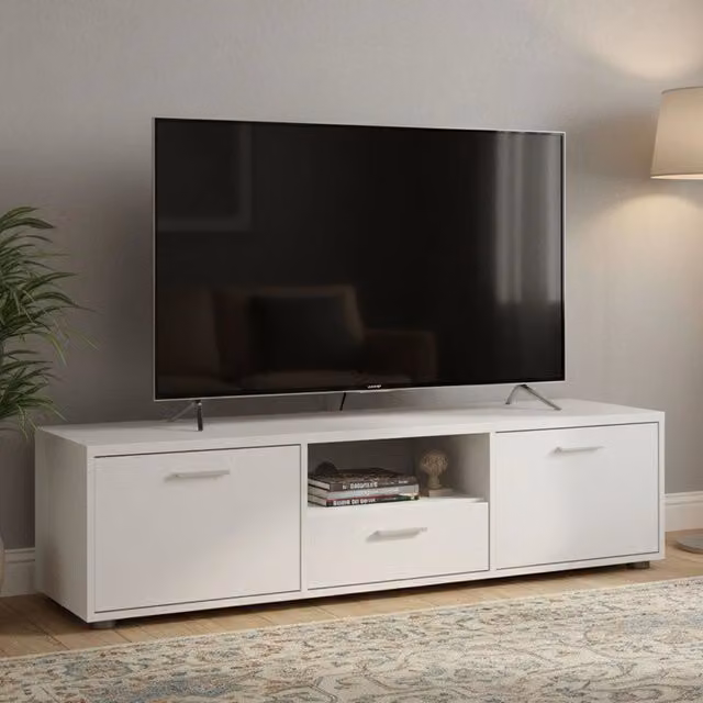 Mobile porta TV Charo DMORA Bianco con un cassetto e passacavi, L: 147.2 cm, P: 39.8 cm, H: 38.4 cm – 1