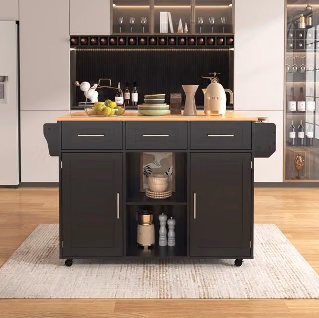 Carrello da cucina ULEVR 139x46(71)x91,5 cm con piano pieghevole, 3 cassetti e ruote, nero e naturale