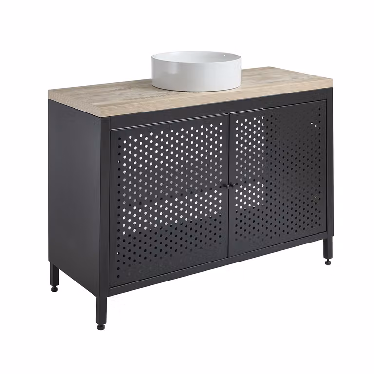 Mobile da Lavabo per Bagno in Metallo Nero da 1200mm con Ripiano di Colore Rovere Chiaro e Lavabo Redondo - Beswick