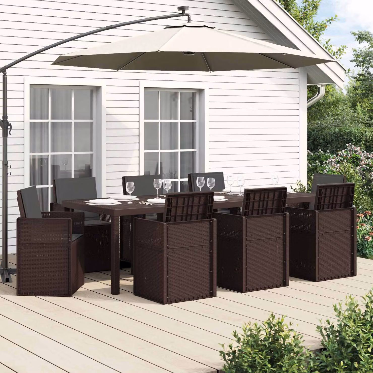 Set da pranzo per giardino e terrazzo vidaXL in plastica da 9 pezzi, colore marrone e antracite