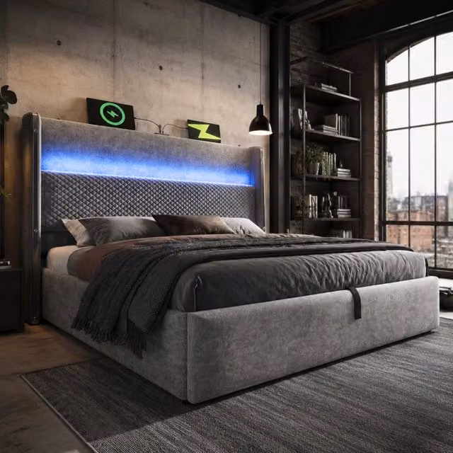 Letto matrimoniale moderno con contenitore idraulico, testiera alta con LED, luci di lettura e porte USB/Type-C, grigio, 180x200 cm
