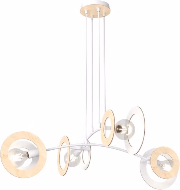 Lampadario 4 Luci Djehuty Acciaio Bianco Legno Naturale Diffusori Doppio Cerchio