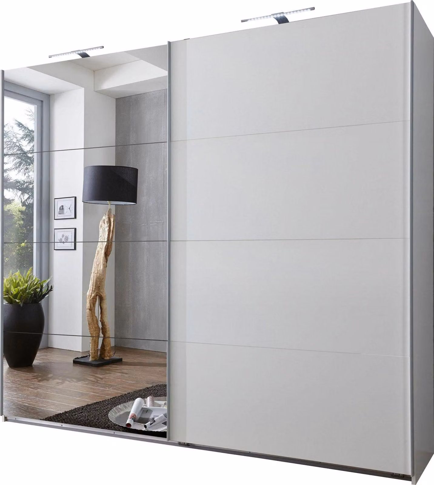 Armadio Ernie con ante scorrevoli e specchio, bianco, 225x65x210cm