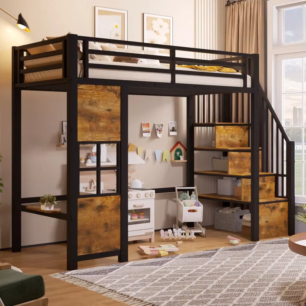 Letto a soppalco singolo REDOM in metallo e MDF nero con scala contenitore e scomparti laterali L/P/H: 200 x 90 x 170 cm – 2