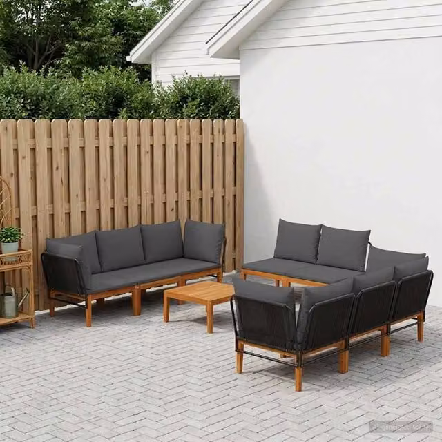 Set da giardino vidaXL in legno di acacia e corda, 9 pezzi, stile moderno per esterno – 1