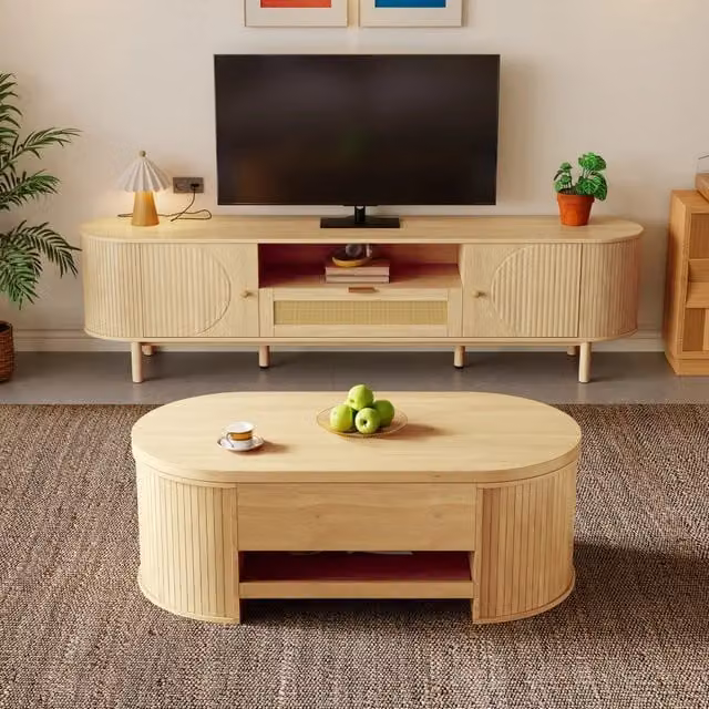 Set mobili soggiorno con tavolino da salotto sollevabile e mobile TV 175 cm; struttura in MDF e metallo; color legno naturale