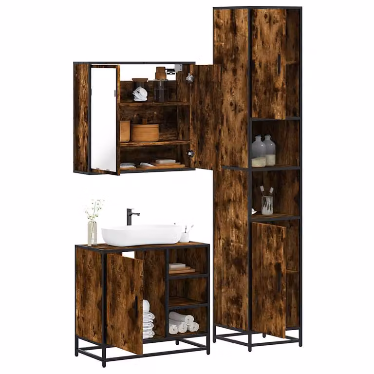 Set di mobili da bagno industrial vidaXL in legno e metallo marrone composto da armadietto con specchio, mobile lavabo e colonna alta