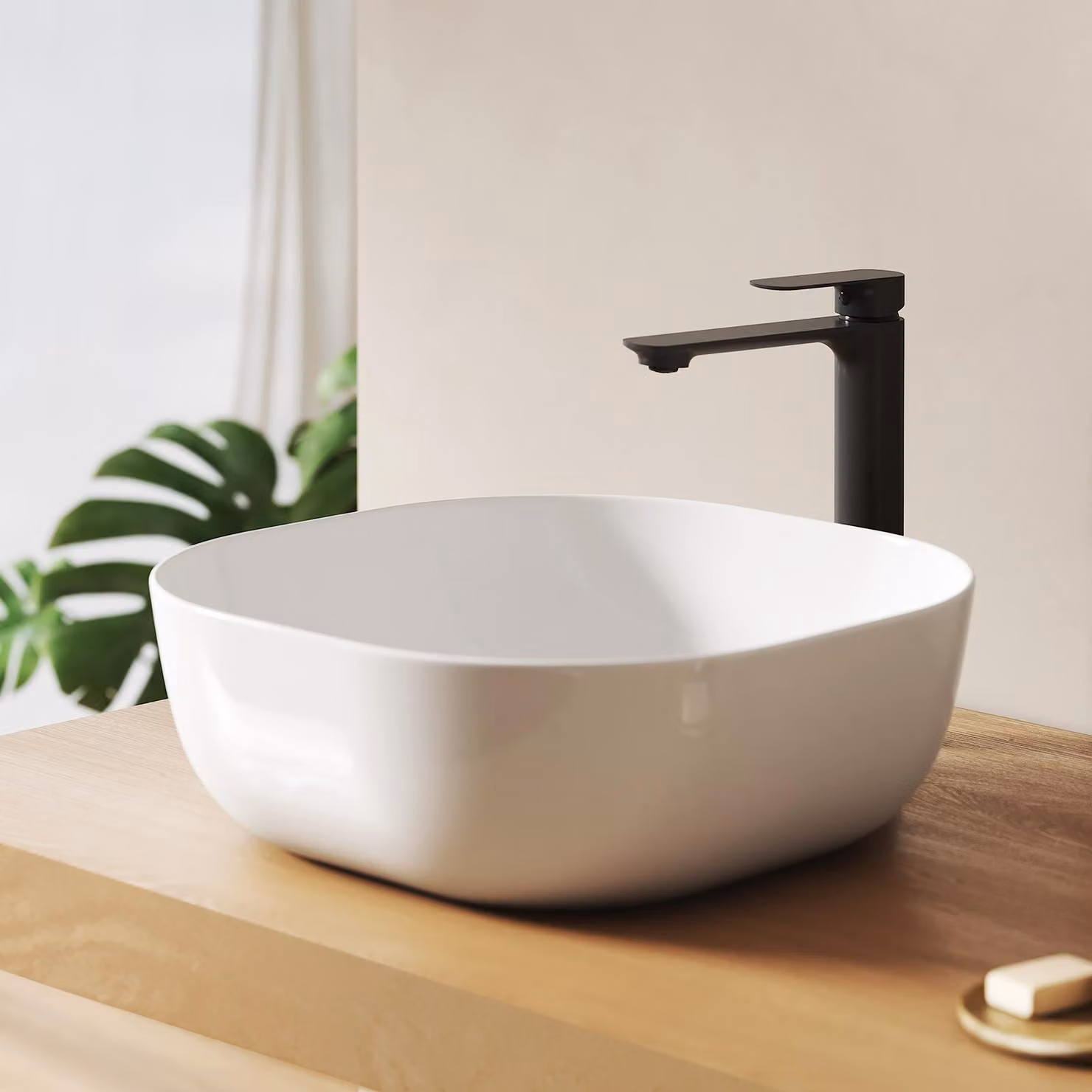 Lavabo da appoggio EMKE 415x415 mm quadrato con angoli arrotondati, in ceramica, nero opaco / bianco lucido, senza foro per rubinetto e troppopieno
