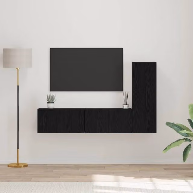 Set di 3 mobili TV moderni vidaXL in legno multistrato rovere nero opaco per soggiorno – 1