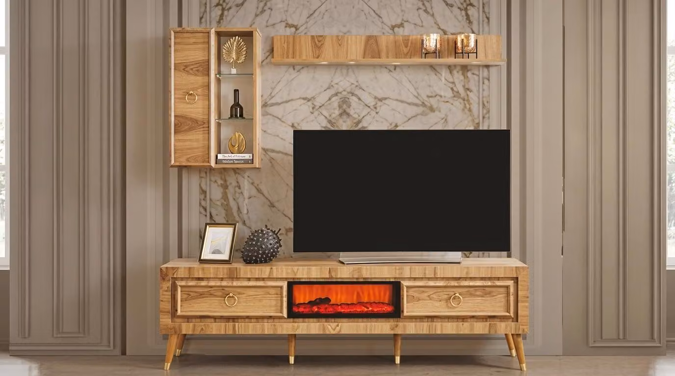 Mobile TV a parete, pensile, ripiano, stile moderno, colore marrone, camino