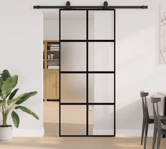 Porta Scorrevole Moderna vidaXL in Vetro Trasparente e Alluminio con Ferramenta Nera L: 90 cm, H: 205 cm