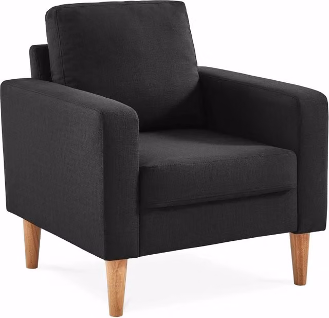 Poltrona scandinava Sweeek in legno e tessuto grigio con braccioli