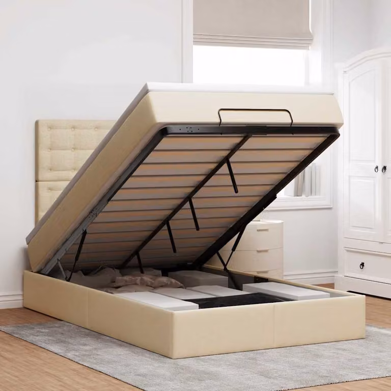 Letto con contenitore e materasso vidaXL in tessuto beige e bianco, con base a sollevamento, illuminazione sottostante e porta USB, L/P/H: 200 x 120 x 28 cm