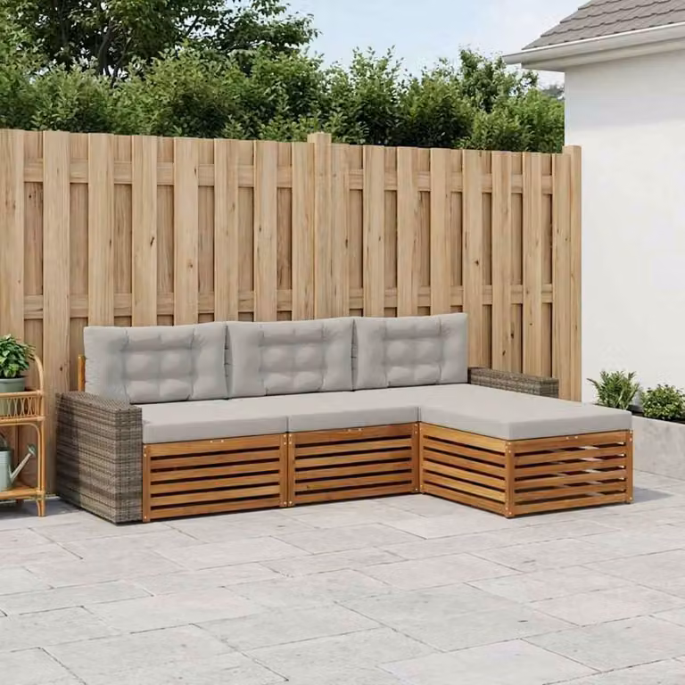 vidaXL Set di divani da esterno a L in legno di acacia con cuscini, 4 pezzi, Naturale e Grigio Chiaro
