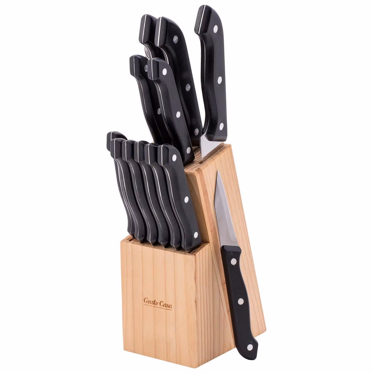 Set di coltelli Gusto Casa in acciaio inox con ceppo in legno nero e acciaino, 12 pezzi – 1