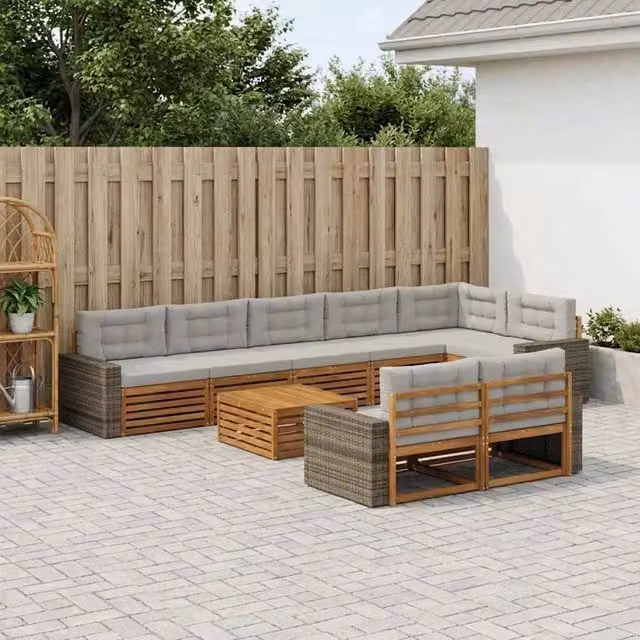 Set di divani da esterno a forma di U vidaXL in legno di acacia con cuscini beige e grigi, 9 pezzi