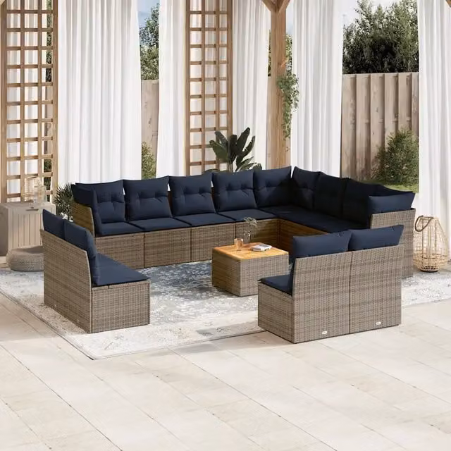Set di Divani da Giardino vidaXL in Polyrattan Grigio e Blu con Cuscini e Tavolino da Esterno a Forma di U composto da 13 Pezzi