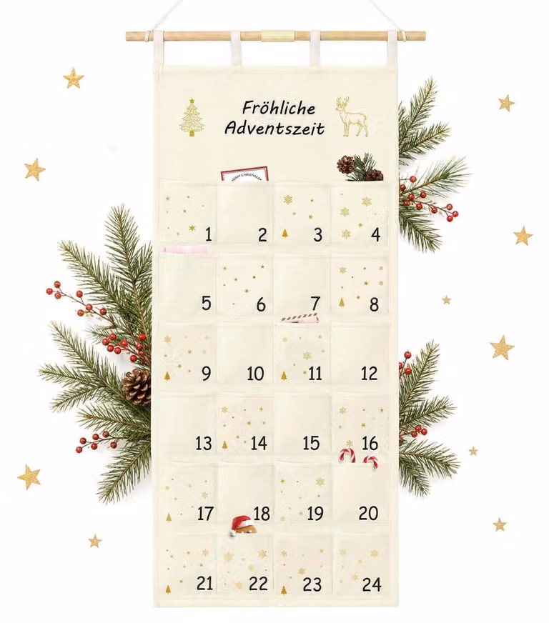 Calendario dell'Avvento in tessuto, da riempire, per l'anno 2026, con 24 tasche, dimensioni 112x55 cm, con finiture dorate