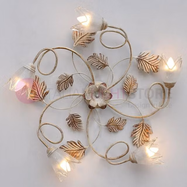 Plafoniera SYBILLA IRIS LUCE in metallo e vetro stile rustico floreale, disponibile in bianco, marrone o oro/ottone