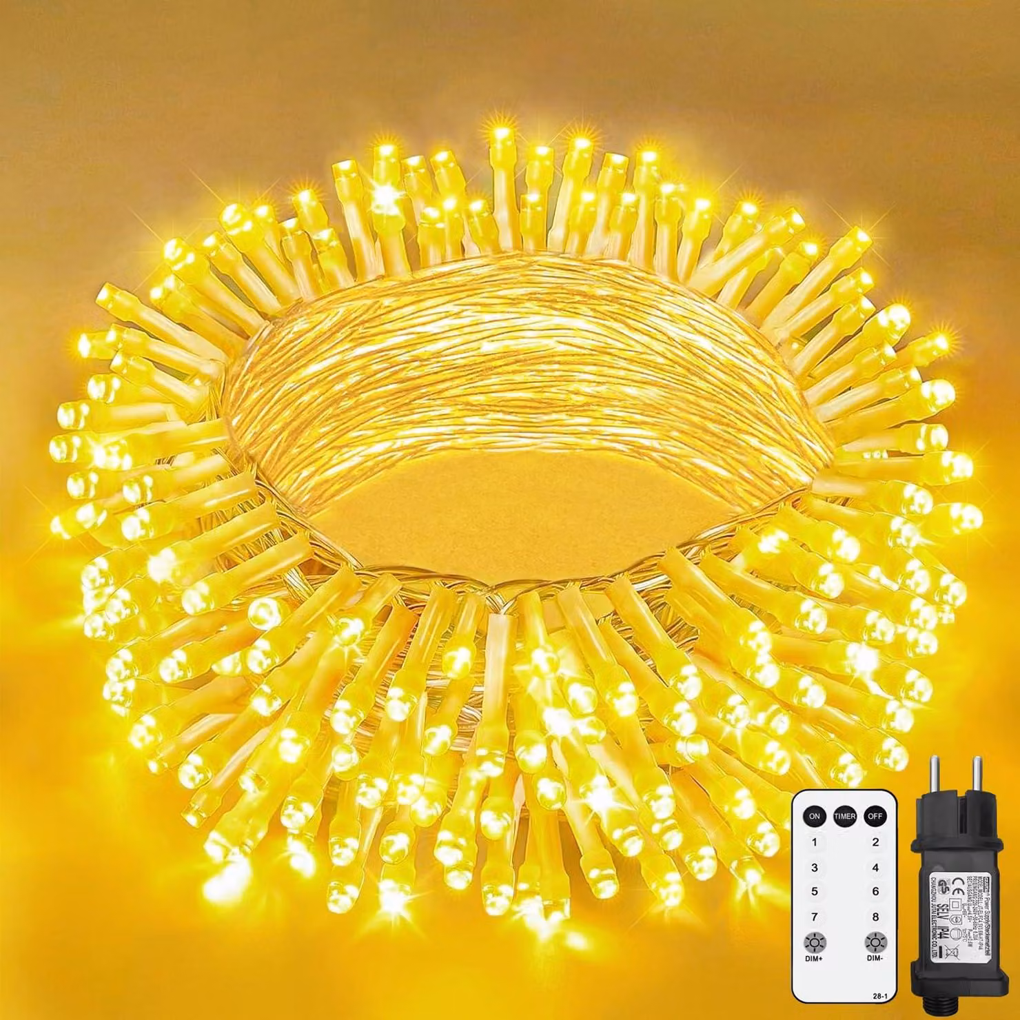 Catena luminosa da 15 metri, con 150 LED, luce bianco caldo, grado di protezione IP44, dimmerabile, con telecomando