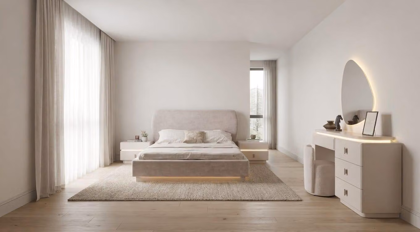 Set per camera da letto elegante: letto, comodini, tavolo da trucco, tutto in tonalità beige
