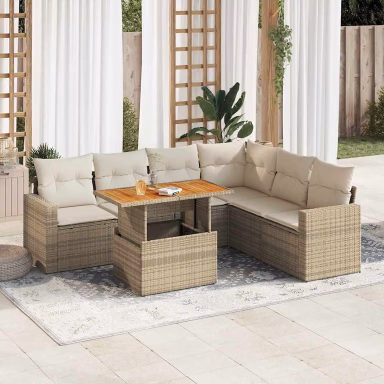 Set di divani da giardino vidaXL in polyrattan beige con cuscini e tavolino da esterno a forma di L