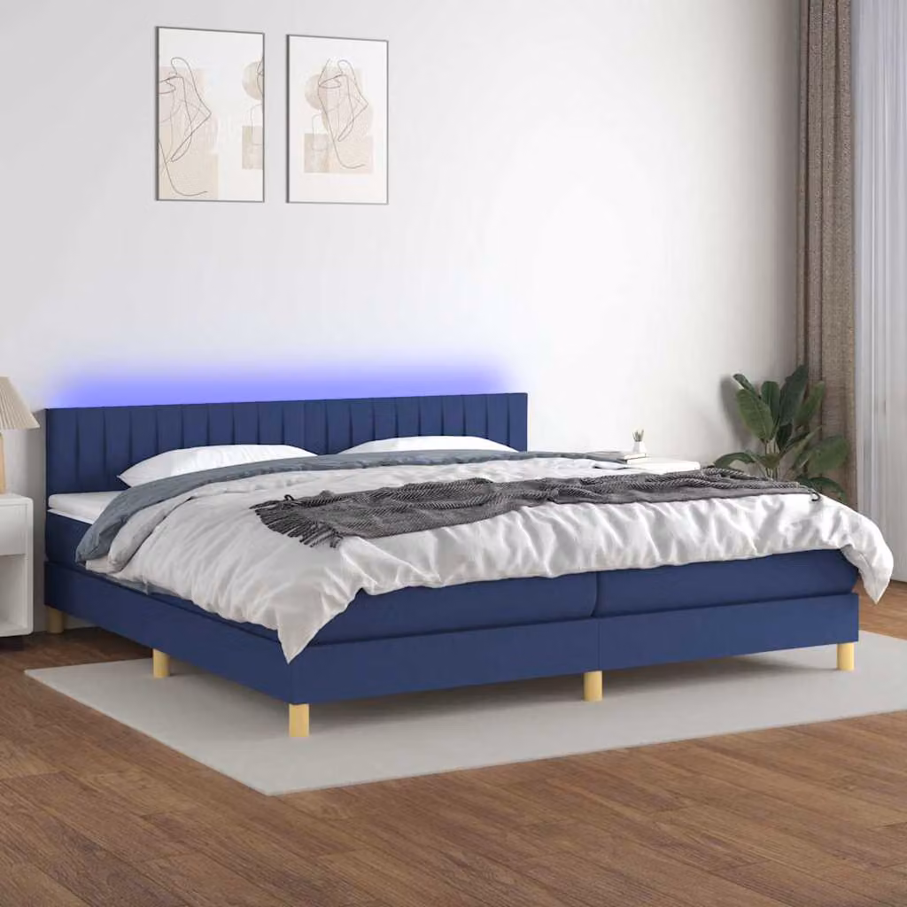 Letto a molle vidaXL con materasso e illuminazione LED blu, struttura in tessuto e legno, L/P: 200 x 200 cm – 1