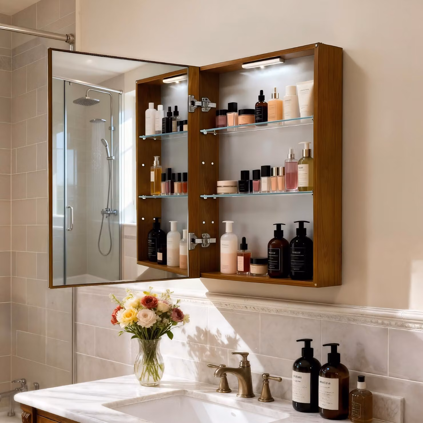 Mobiletto da bagno WISFOR con specchio, 45 x 60 cm, armadietto per medicinali da bagno, da montare a parete, illuminazione interna a LED, cerniere con sistema di chiusura ammortizzata