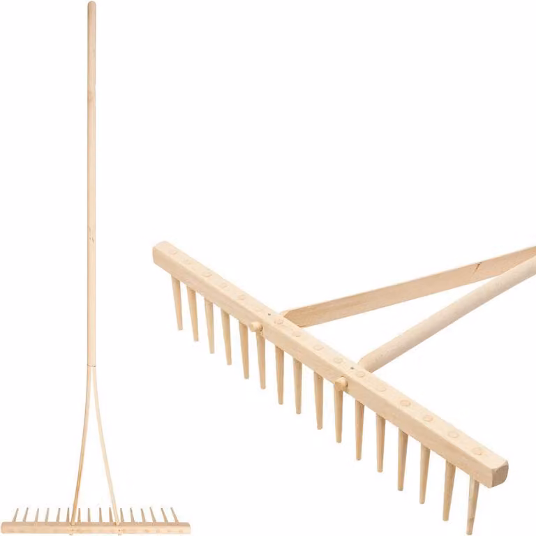 Rastrello in legno, 16 denti, per fieno, per foglie, manico in legno