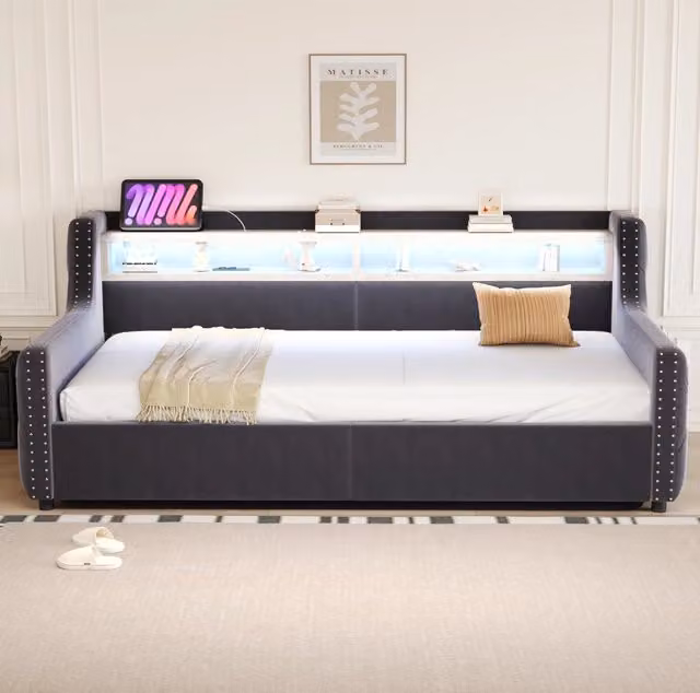 Letto contenitore 90x200 cm grigio in velluto - rete a doghe, LED e prese