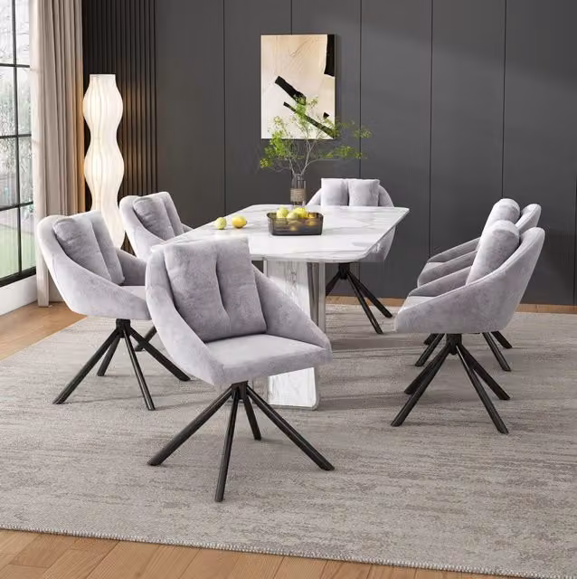 Set di 6 sedie girevoli a 360° in velluto grigio con struttura in metallo