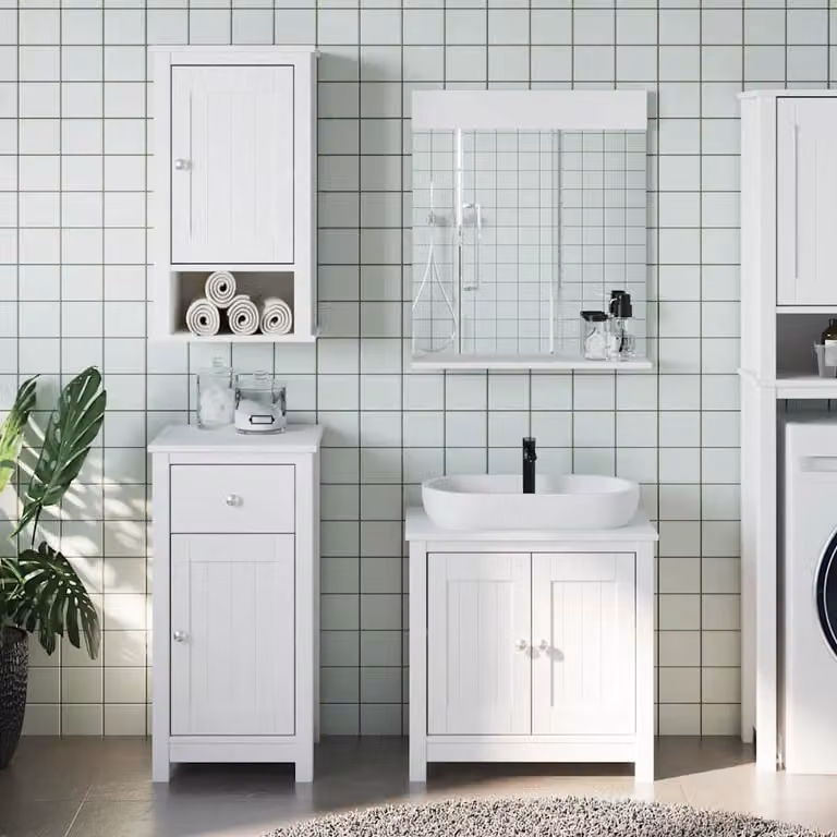Set di mobili da bagno BERG vidaXL in legno massello di pino bianco, composto da 3 pezzi con base lavabo, mobiletto laterale e armadietto con specchio