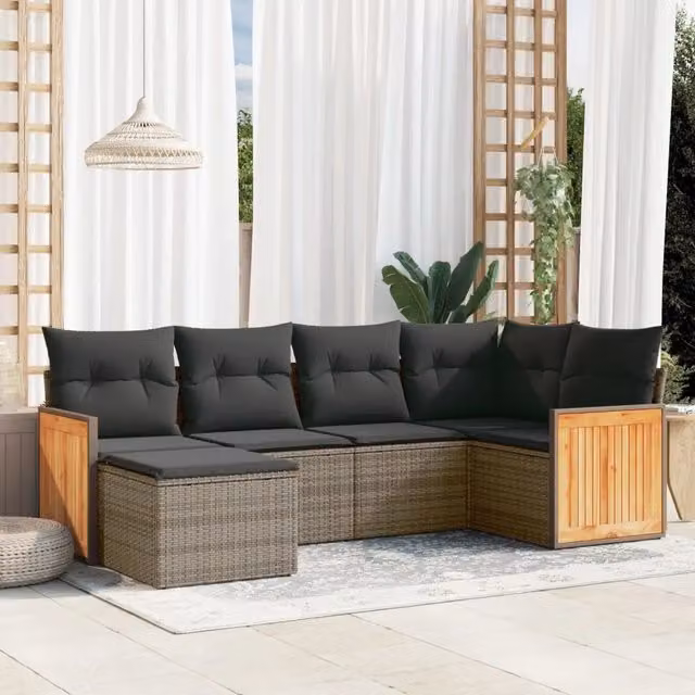 Set Divano da Giardino VIDAXL a L in Polyrattan Grigio con Cuscini, 6 Posti – 1