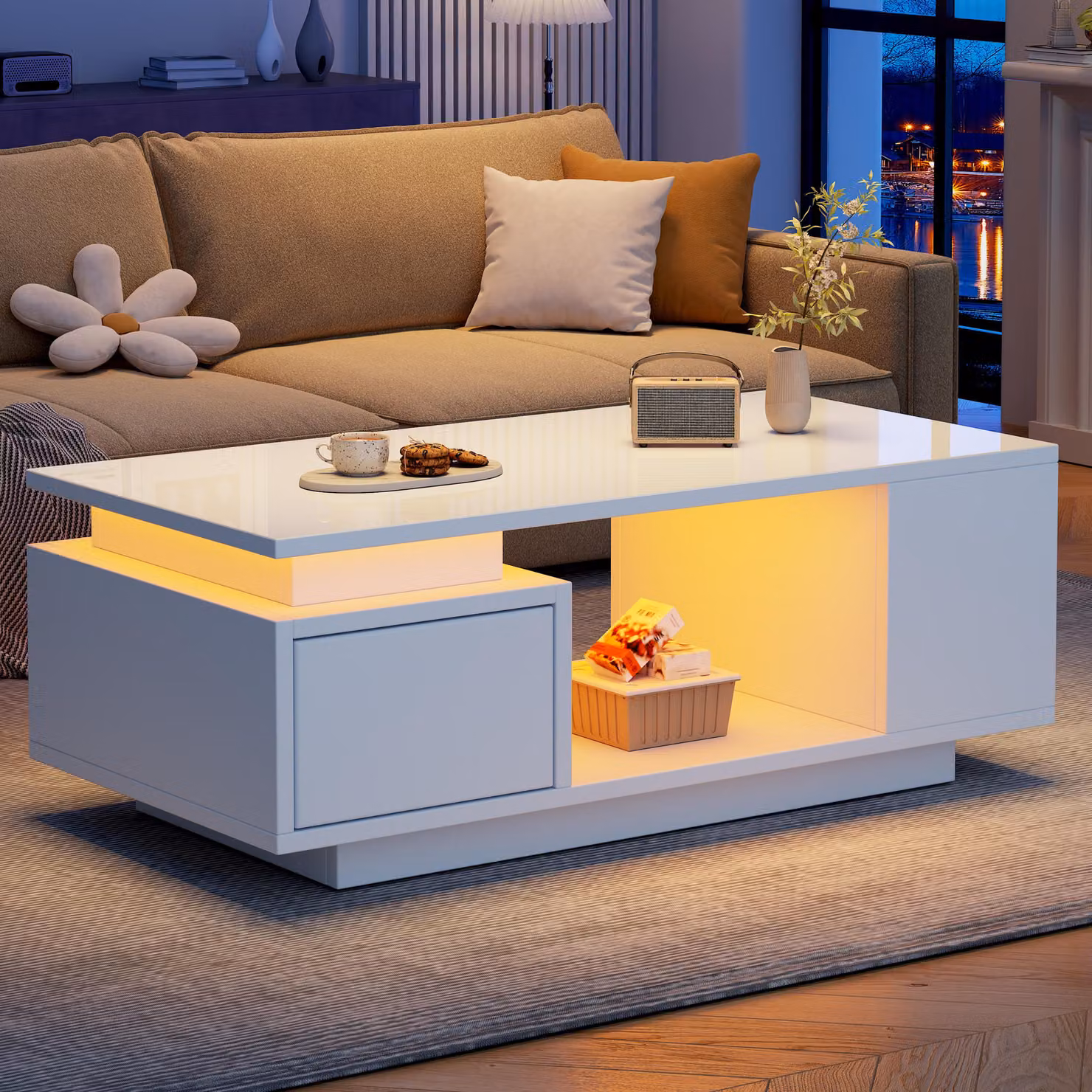 Merax Tavolino LED lucido con cassetto e 4 ripiani laterali, tavolino da salotto con design traforato al centro, bianco