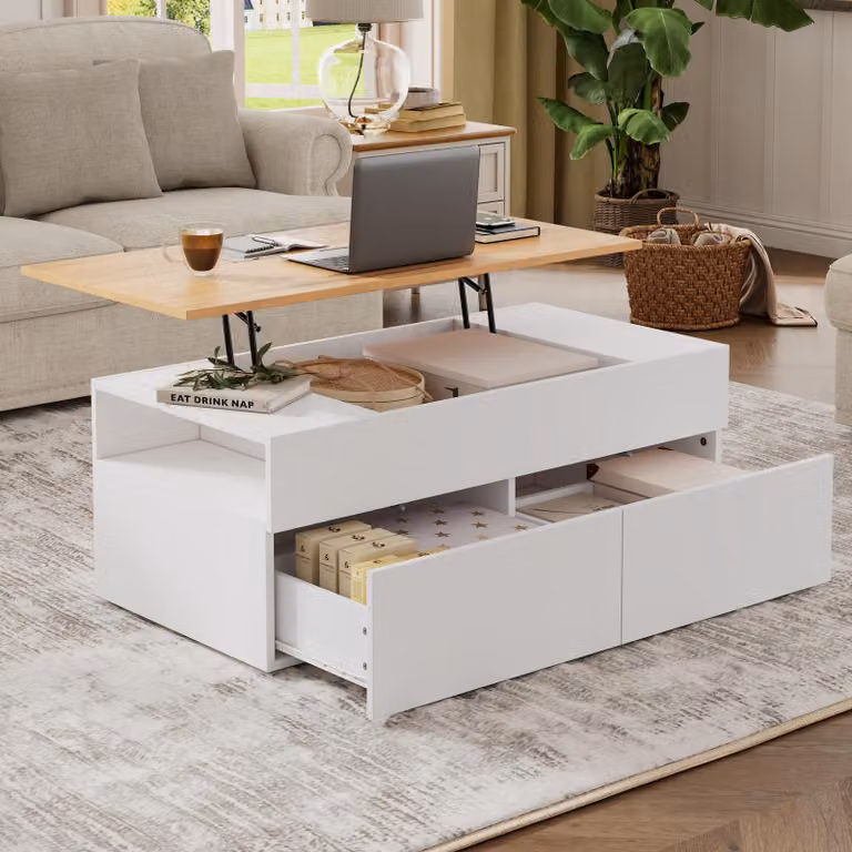 okwish Tavolino regolabile in altezza con contenitore nascosto, tavolino con 2 cassetti, tavolino con contenitore semichiuso, colore bianco + legno