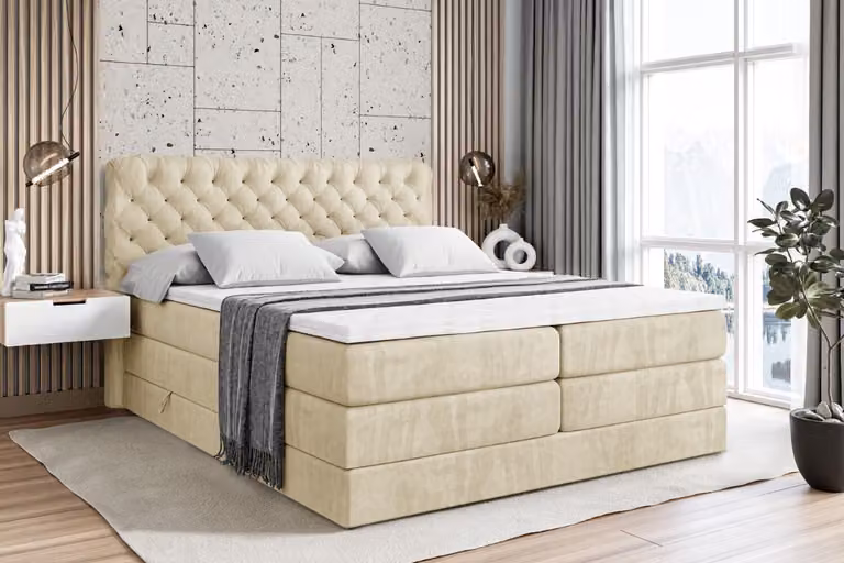 Letto boxspring ALTDECOR con 2 materassi e topper - 140x200 cm - BOXI8 KING - Velluto beige - Letto imbottito con materassi H3 e H4, contenitore e rete a doghe, letto con spazio contenitivo