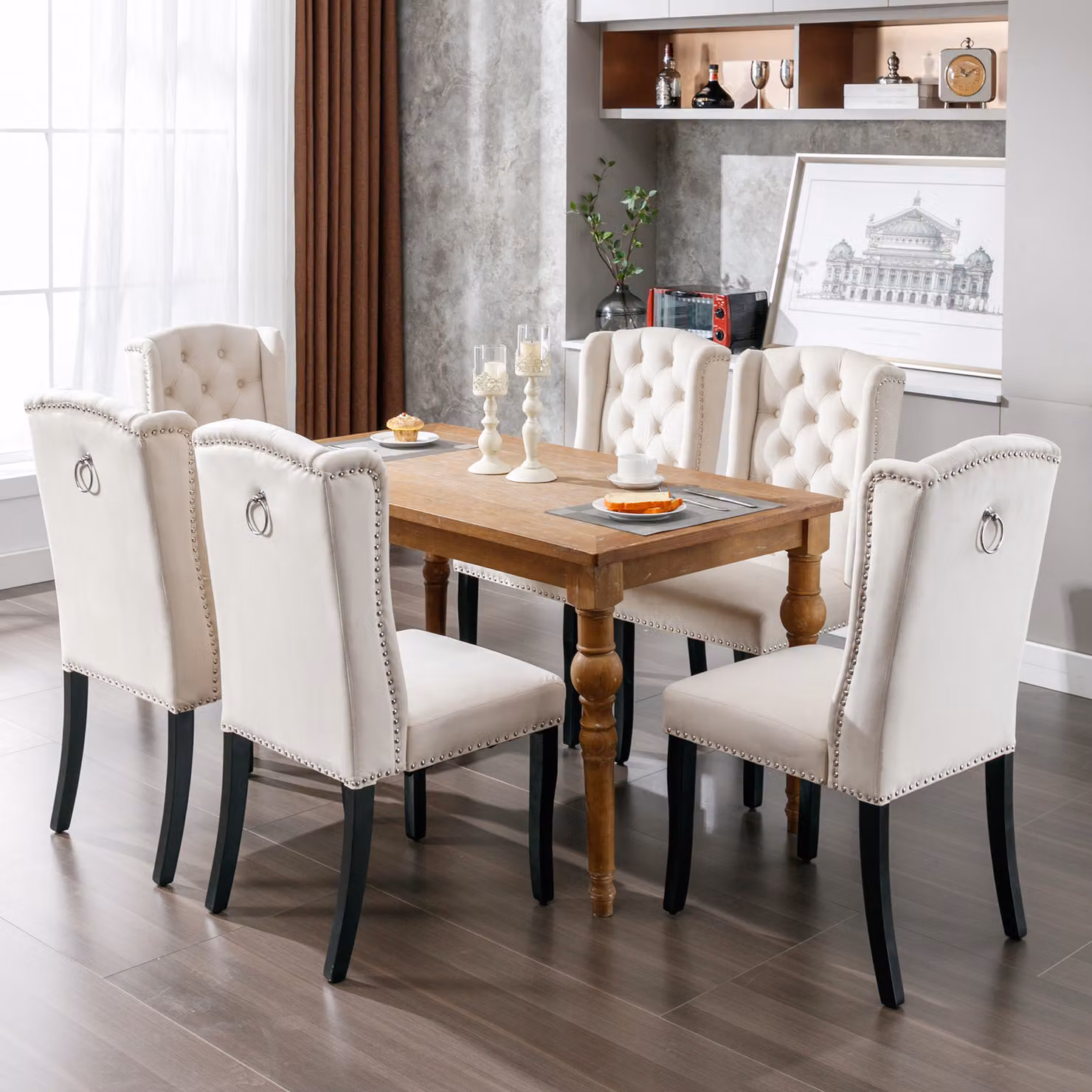 Set di 4 sedie da pranzo Flieks, sedia da cucina con gambe in legno massiccio, sedia da pranzo imbottita con rivestimento in velluto, sedia per soggiorno cucina, beige